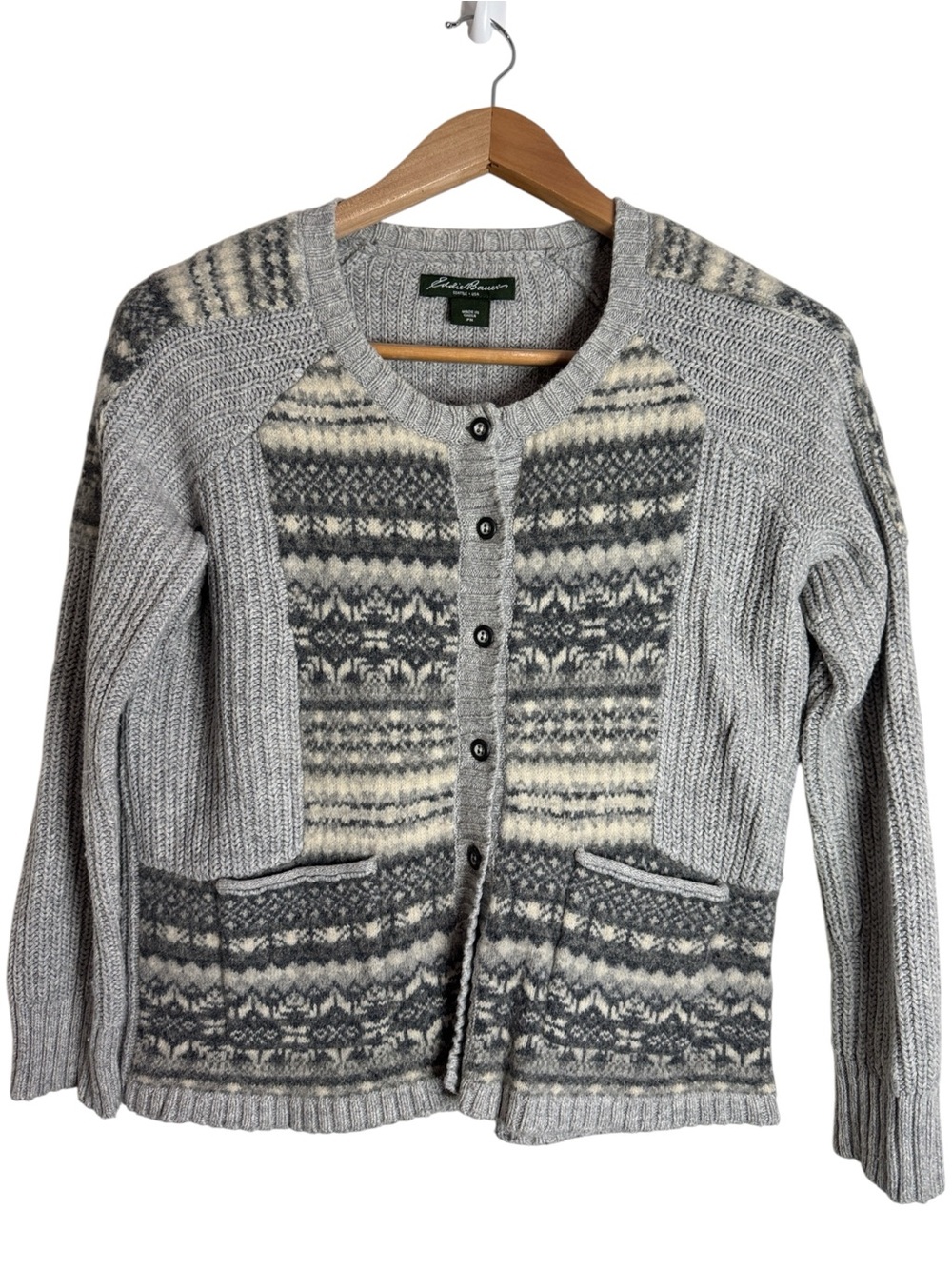 Vintage Eddie Bauer Ribbed Gray Fair Isle Nordic Buttoned Sweater Cardigan sz Mp